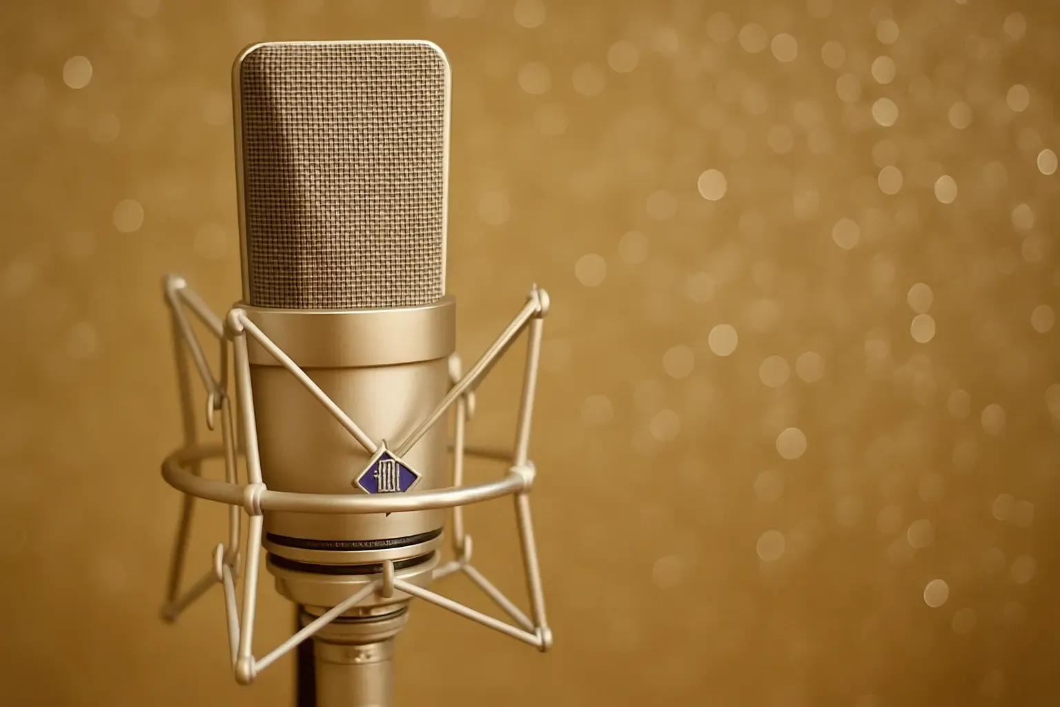 A Neumann microphone against a softly lit beige background, illustrating the world of voice over and the conversations at Apéro Voice