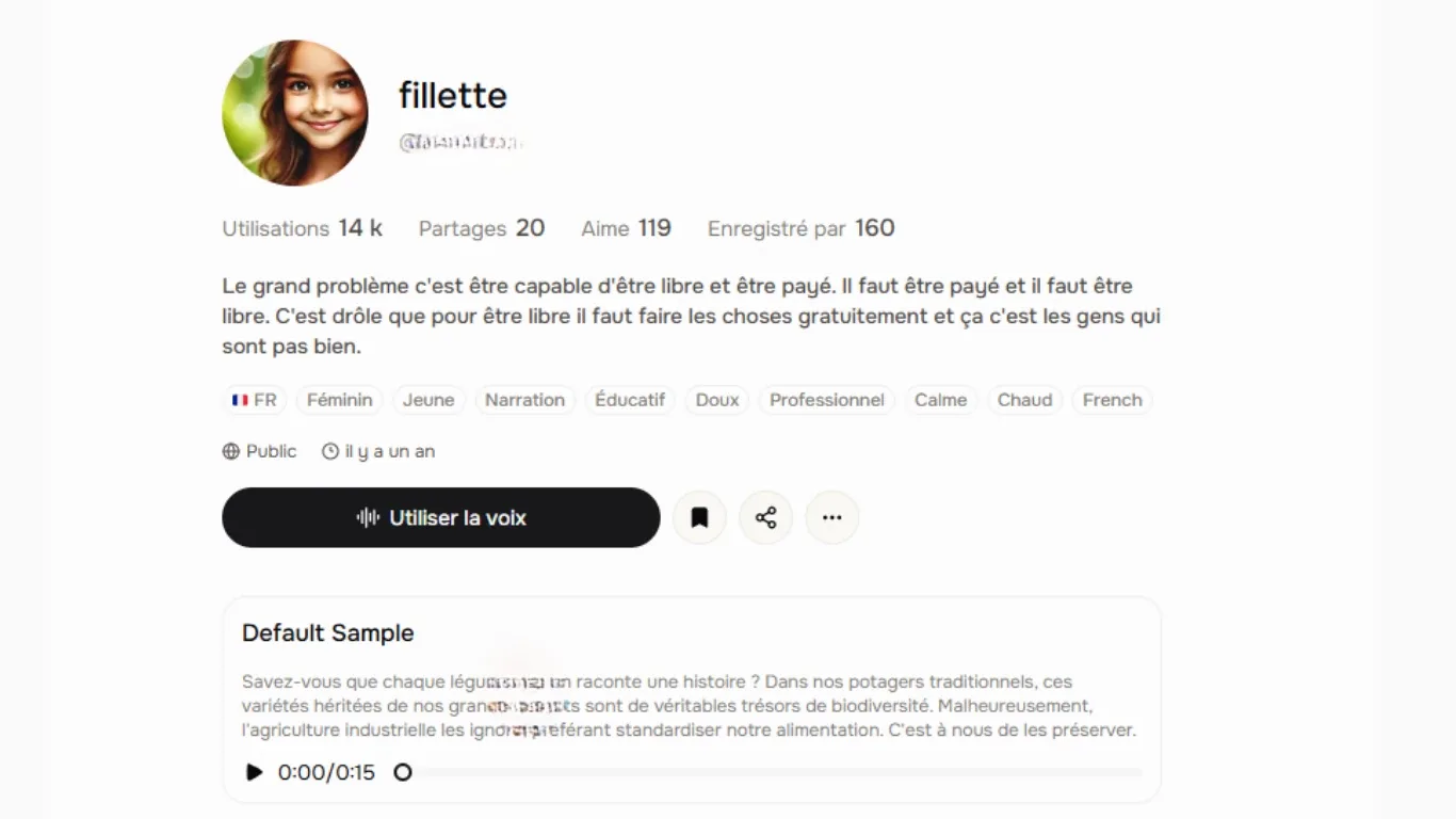 Voix clonée par IA sur Fish Audio, près de 14 000 utilisations