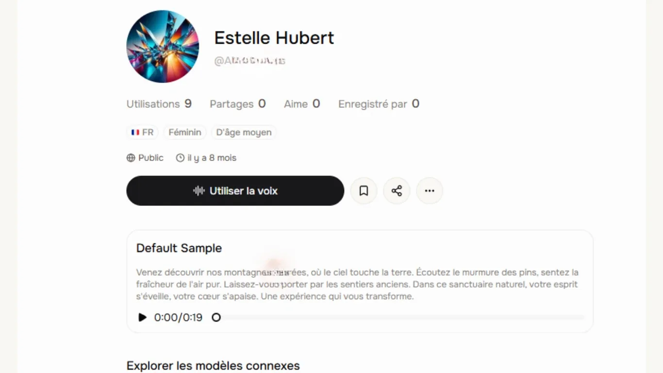 Clone de la voix d’Estelle Hubert sur Fish Audio, créé sans autorisation