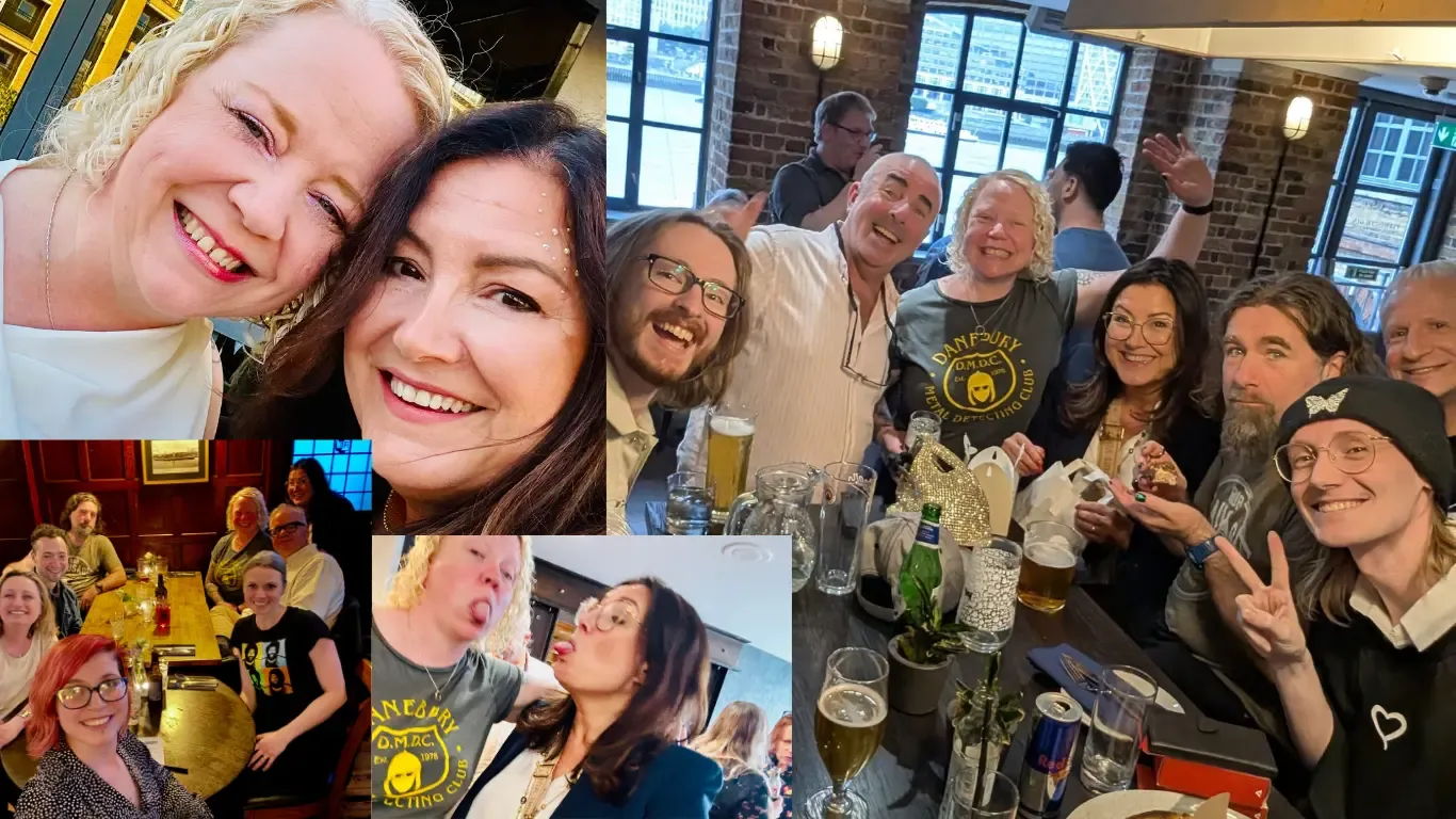 A photo collage of Estelle Hubert with Helen and Rob Bee and attendees at a VO Social in Manchester