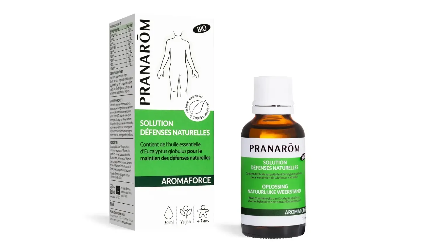 Box and bottle of Pranarôm Aromaforce Défenses naturelles solution