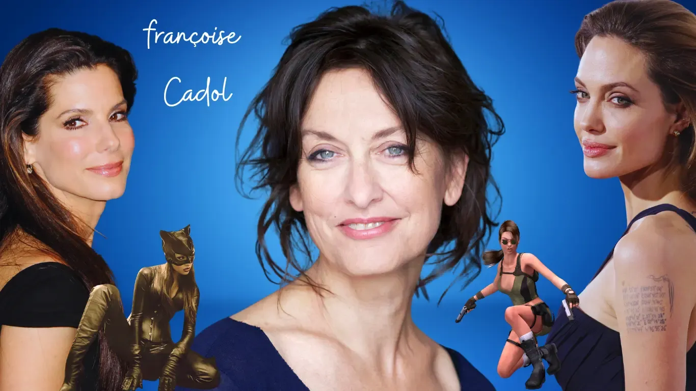 Françoise Cadol, comédienne voix off, souriante au centre d’un visuel où l’entourent Sandra Bullock, Angelina Jolie et des silhouettes de Lara Croft et de Catwoman