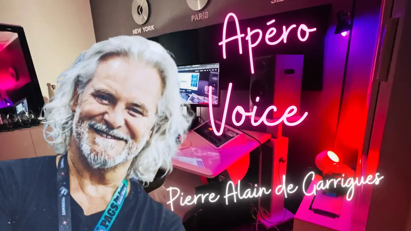 Voice actor Pierre-Alain de Garrigues, smiling with white hair, on an Apéro Voice graphic with his name in pink neon lettering