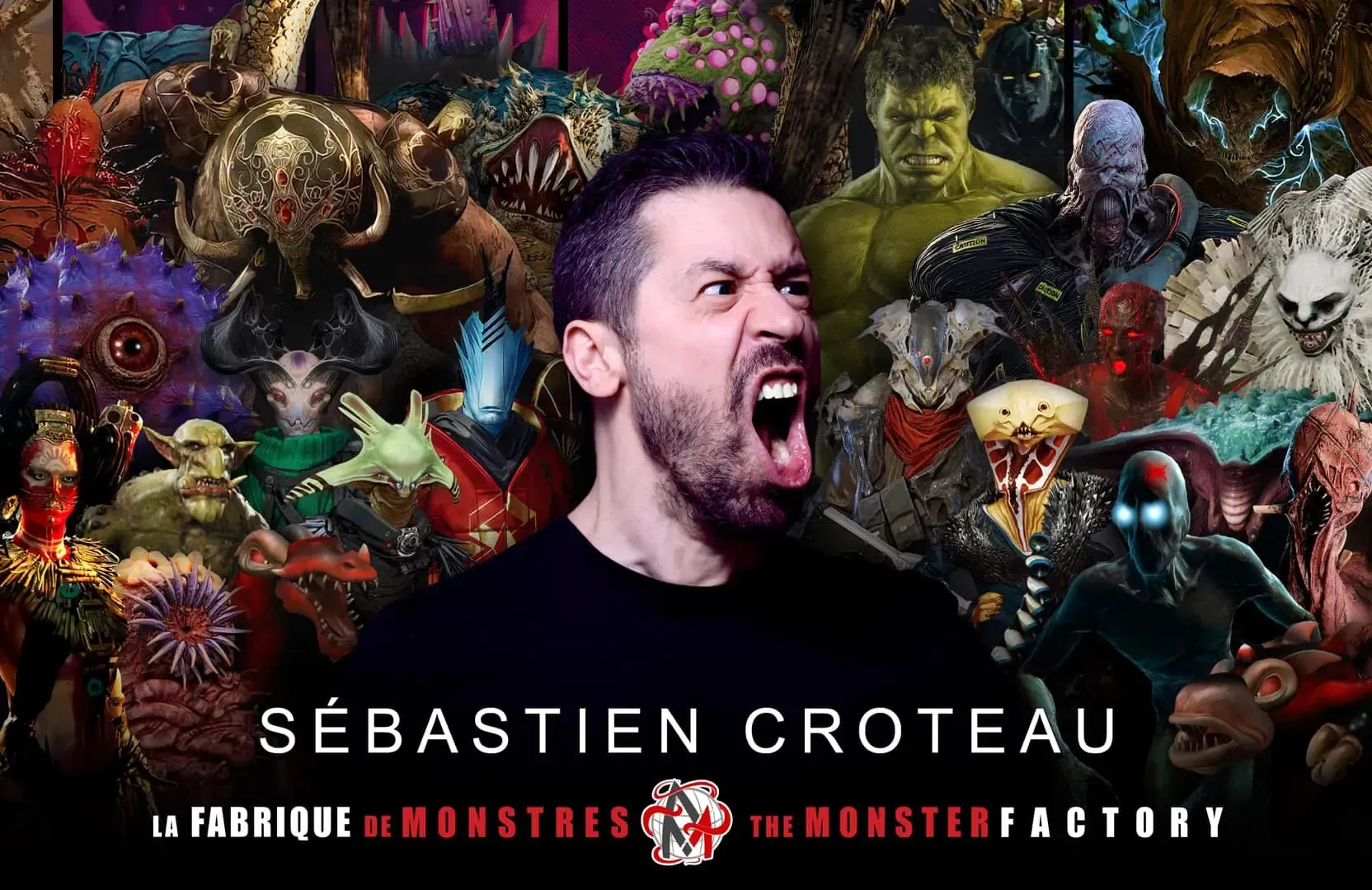 Sébastien Croteau, comédien voix off, en plein cri, entouré de créatures et de monstres, visuel de La Fabrique de Monstres