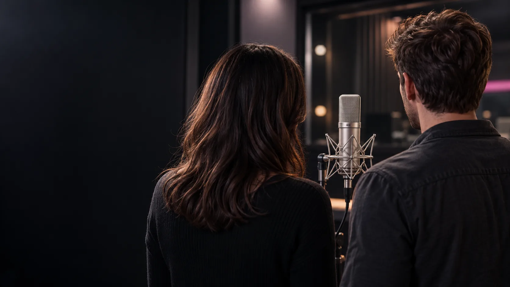 A woman and a man facing a studio microphone.