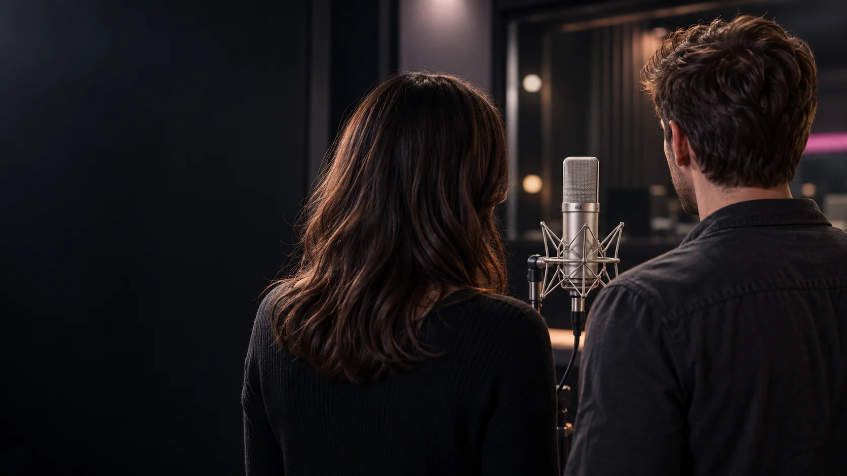Illustration créée : une femme et un homme de dos autour d’un microphone, dans un studio d’enregistrement.