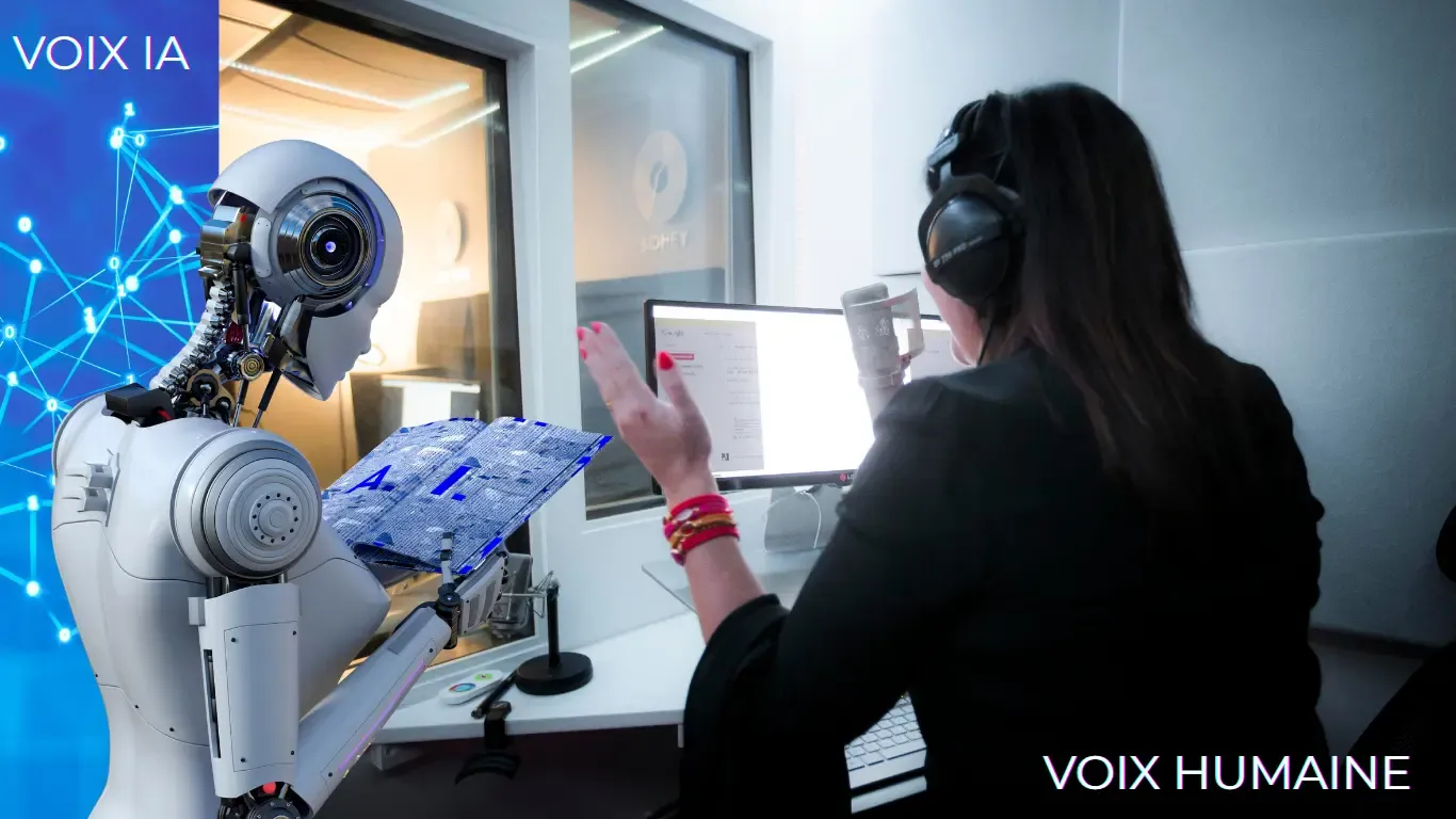 Face-à-face en studio : un robot lit un script sous l’inscription « Voix IA », Estelle Hubert, casque sur les oreilles, enregistre au micro sous l’inscription « Voix humaine »