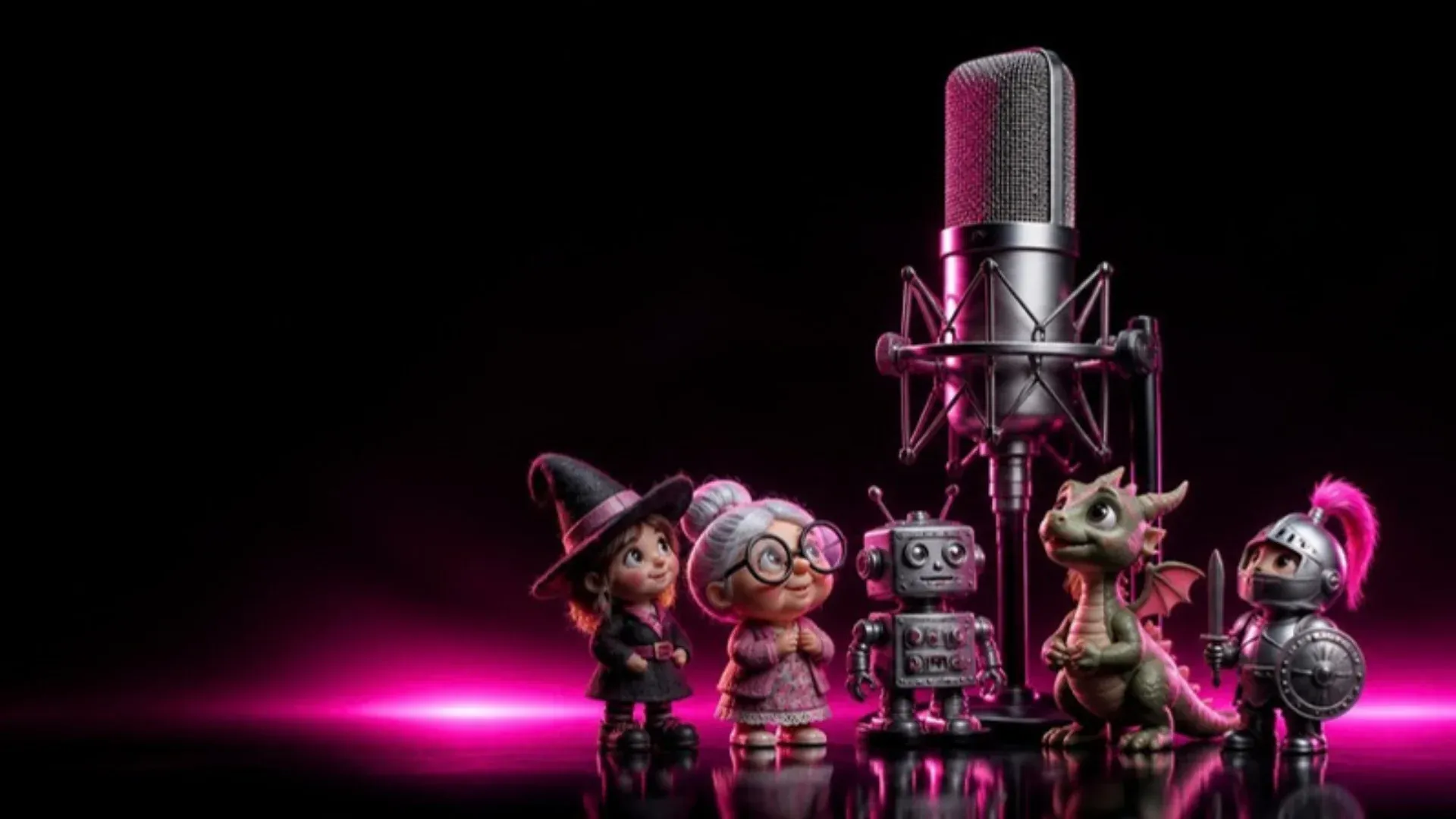 Character figures around a studio microphone: a little fairy in a pointed hat, a grandmother with glasses, a robot, a dragon and a knight, in pink light