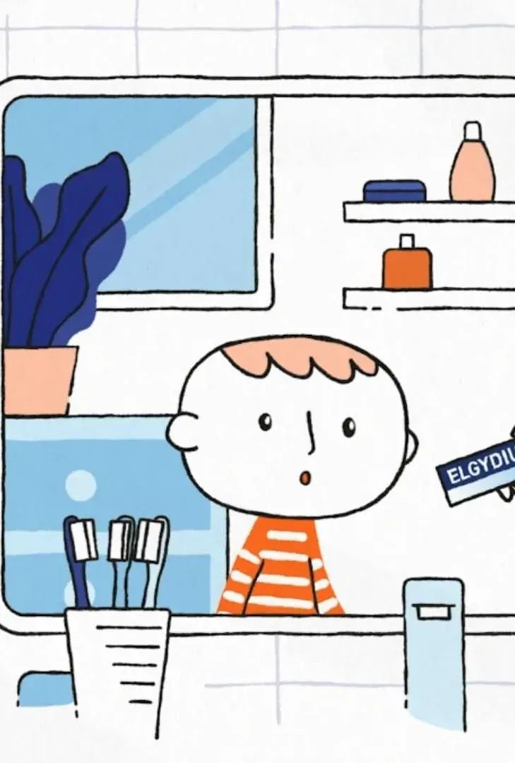 Enfant dessiné qui se brosse les dents, tutoriel Elgydium avec la voix enfant de Florine Hubert