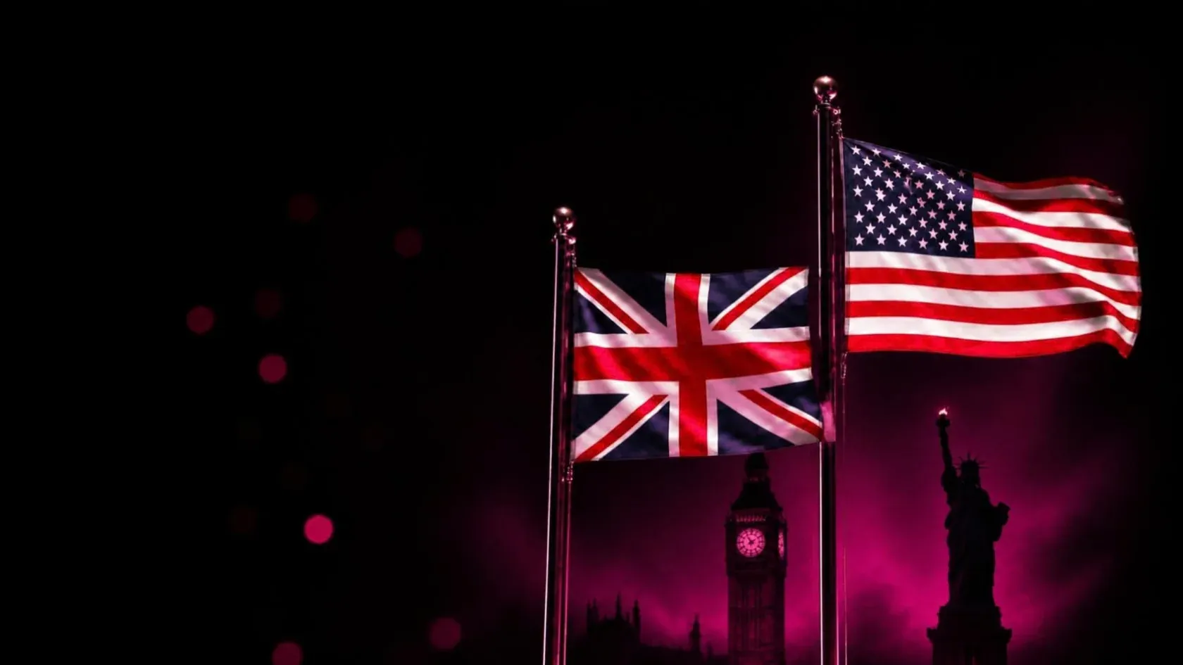 Drapeaux du Royaume-Uni et des États-Unis sur leurs mâts, devant Big Ben et la statue de la Liberté en silhouettes, dans une lumière rose : illustration de la spécialité, voix off féminine en anglais avec accent français