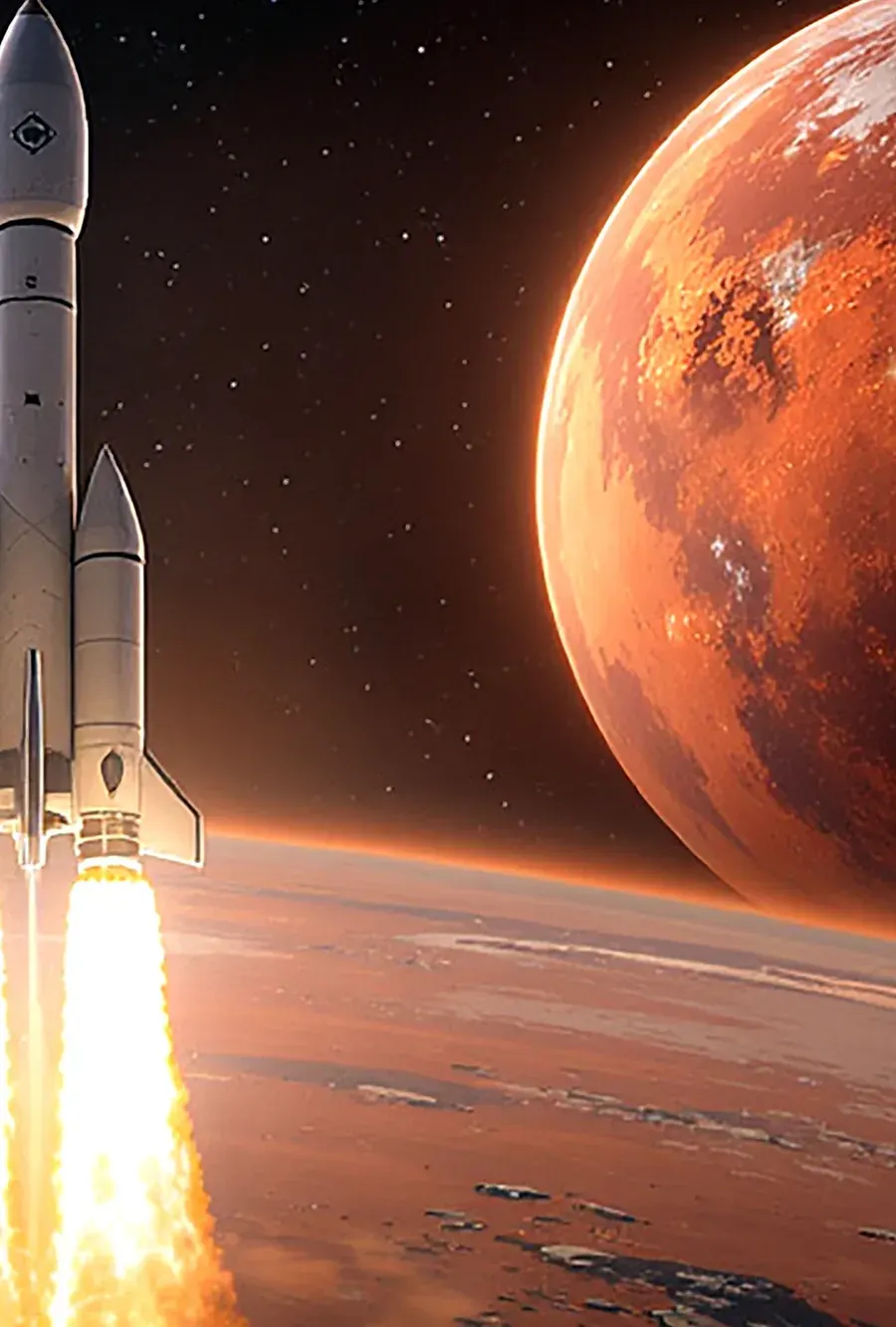 Fusée au décollage devant la planète Mars : illustration d’un documentaire scientifique sur l’espace, comme le documentaire spatial NASA enregistré par Estelle Hubert, voix off femme