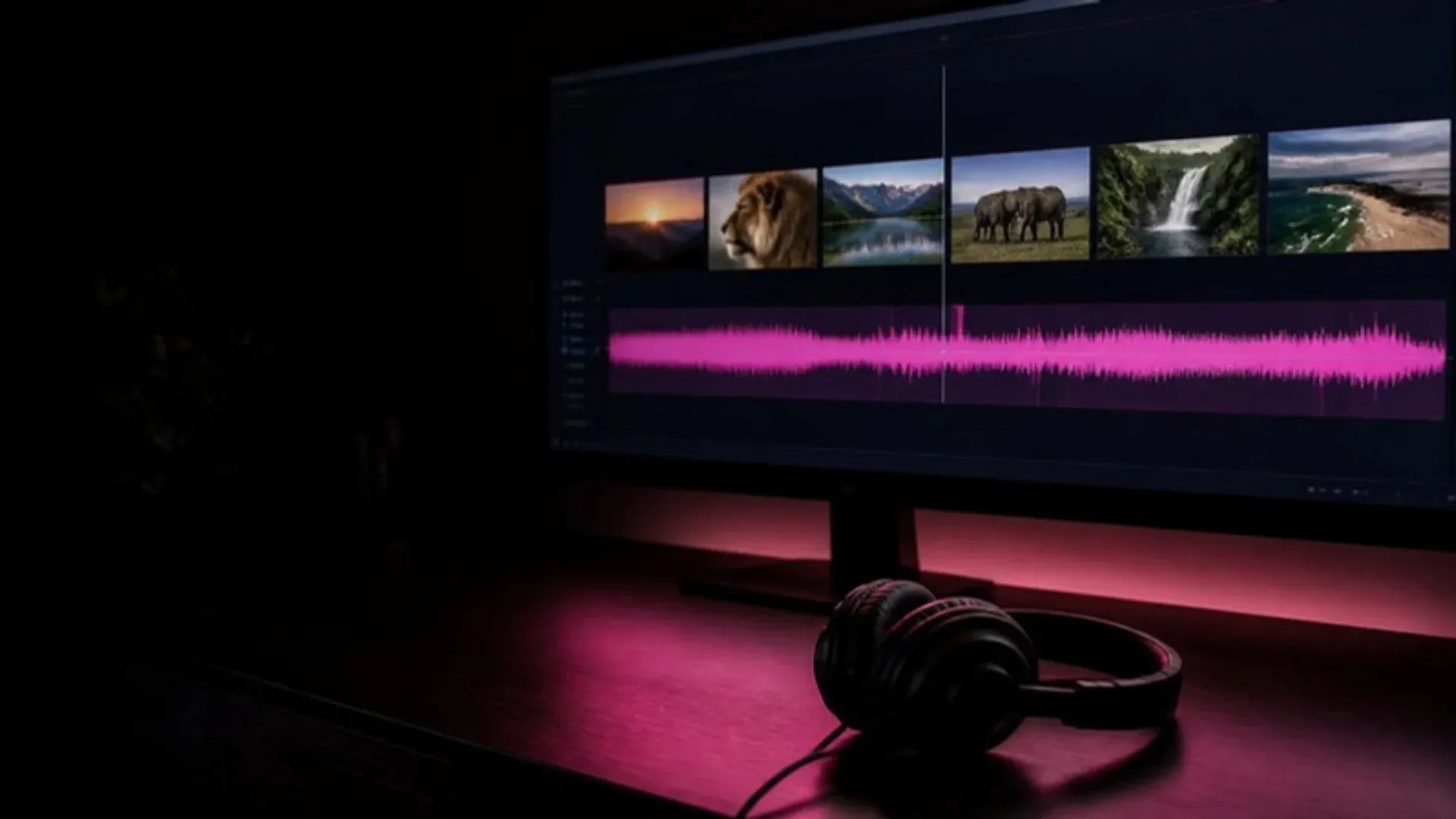 A dark editing suite with a documentary timeline on screen, the voice track in pink and headphones on the desk