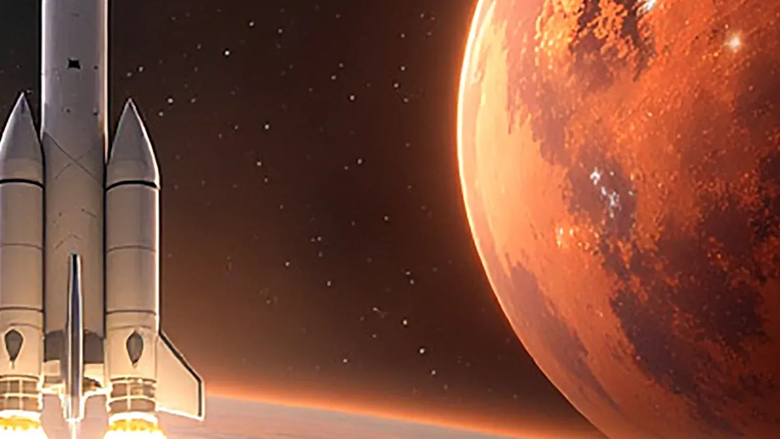 Fusée au décollage devant la planète Mars, dans un ciel étoilé