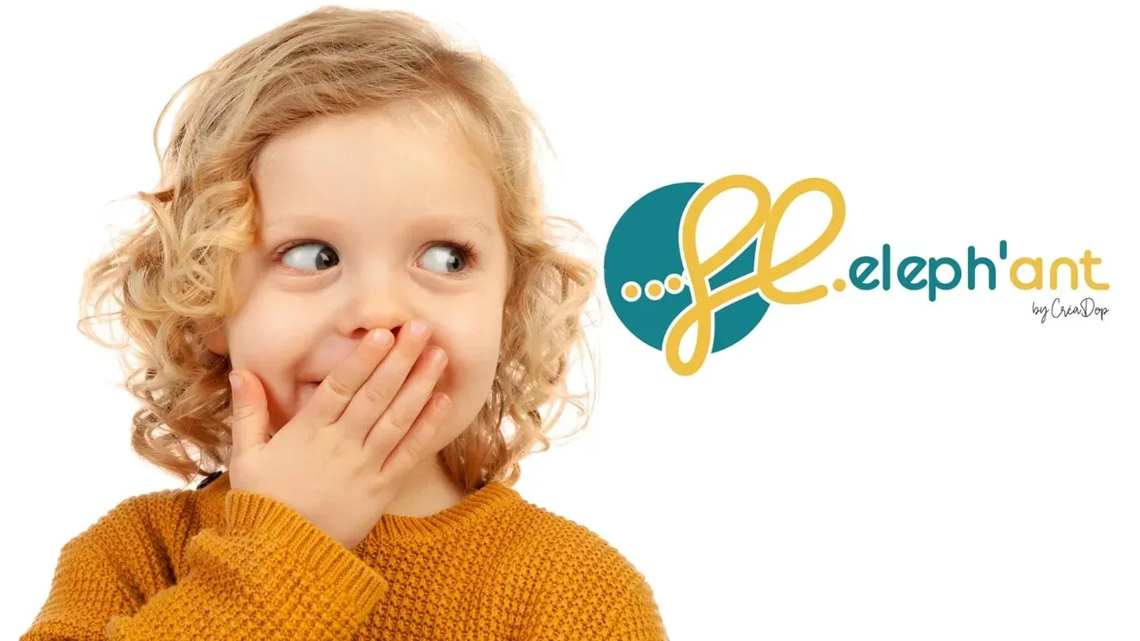 A curly-haired child with a hand over their mouth and Creadop’s Eleph’ant logo