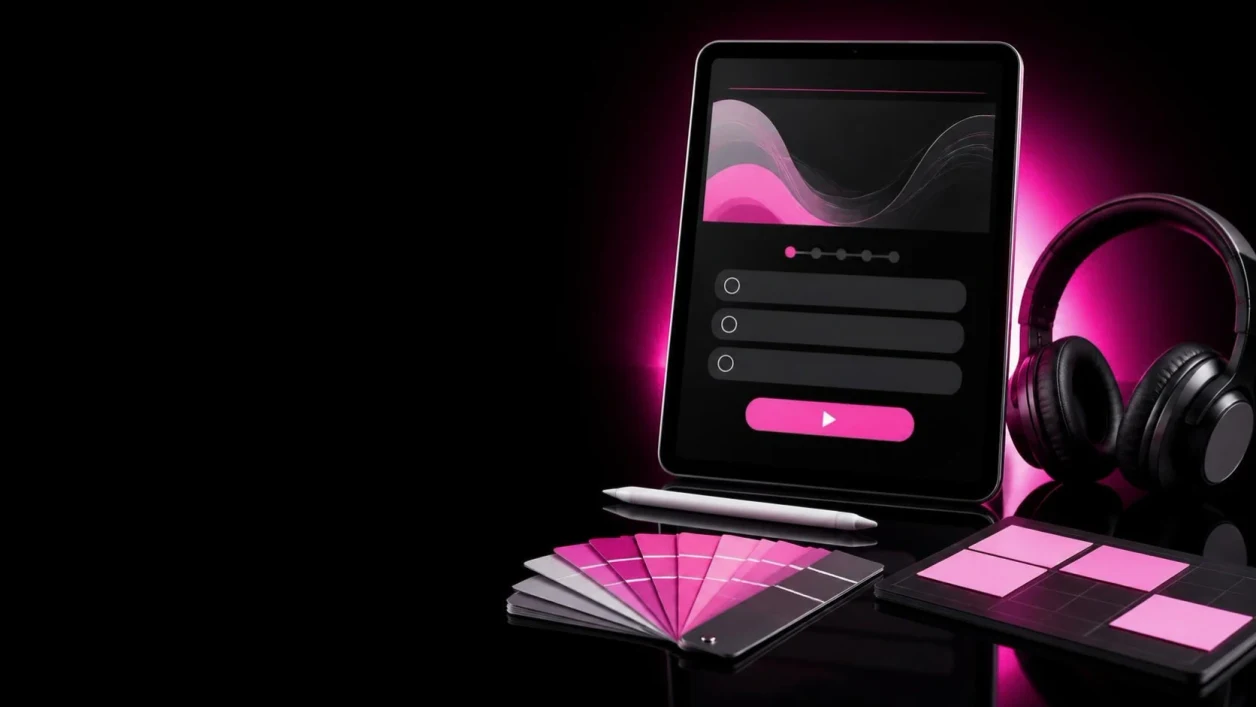 A tablet displaying a quiz, a stylus, colour samples, sticky notes and headphones, in pink light against black
