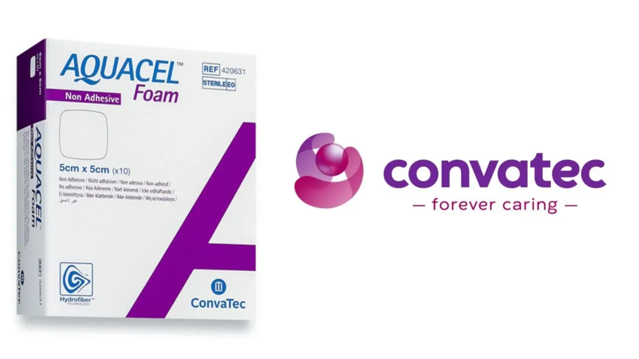 A box of Aquacel Foam dressings and the Convatec logo, from a medical training module