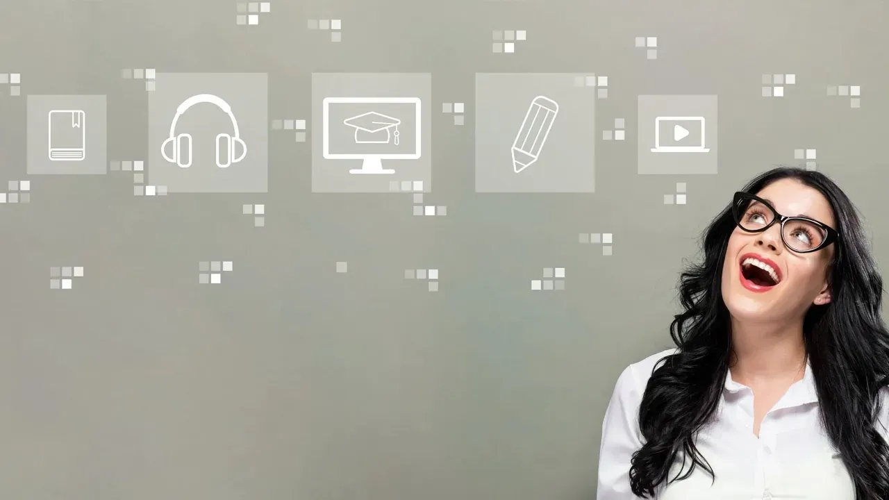 A smiling brunette woman with glasses looking up at online learning icons: a book, headphones, diploma, pencil and video