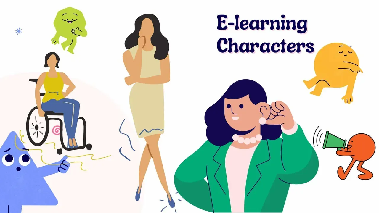 Illustrated learning characters, including a woman in a wheelchair and a woman in a green jacket, with mascots and the title “E-learning Characters”