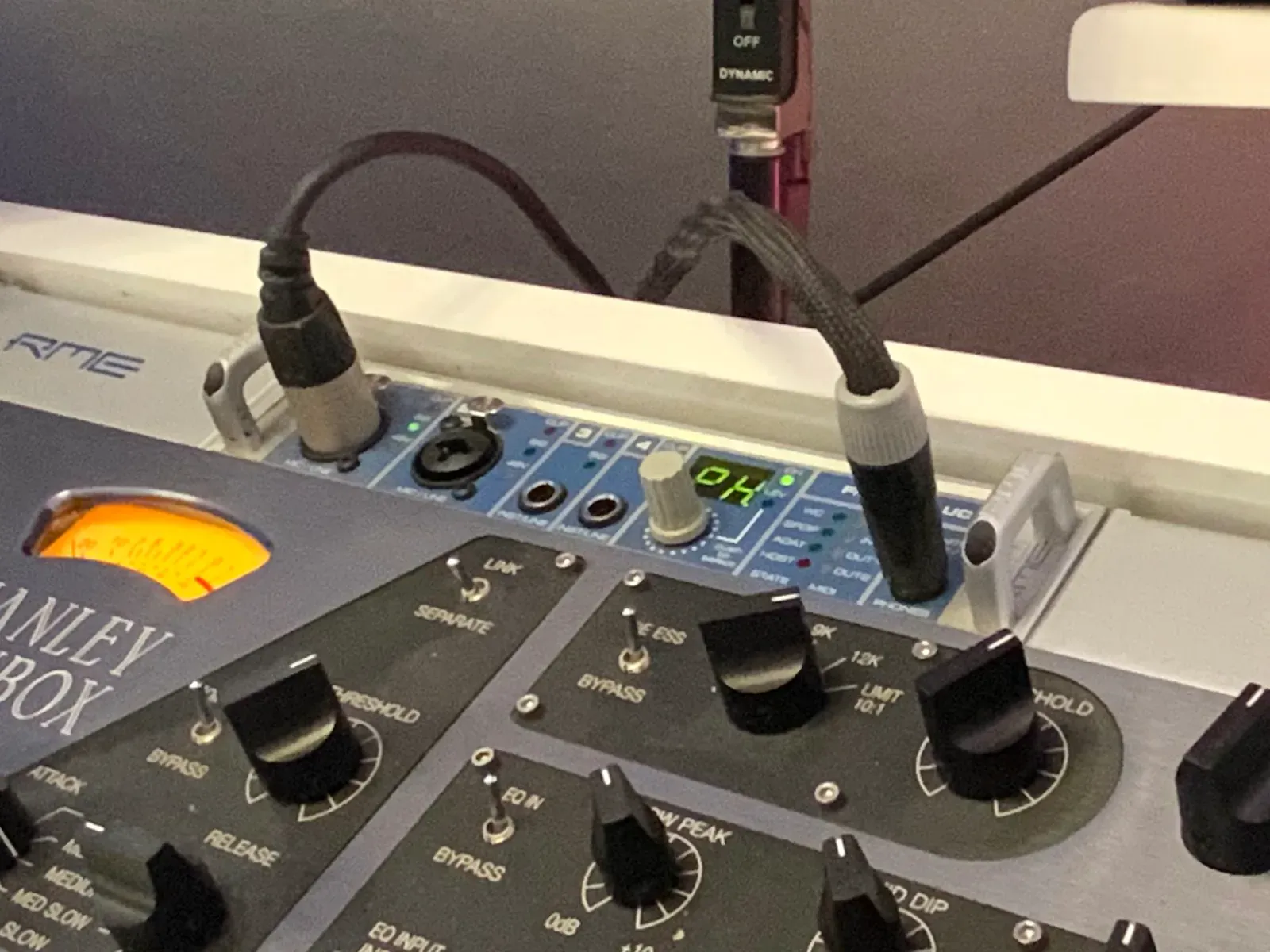 RME Fireface UC interface in the control room rack, above the Manley VoxBox channel strip