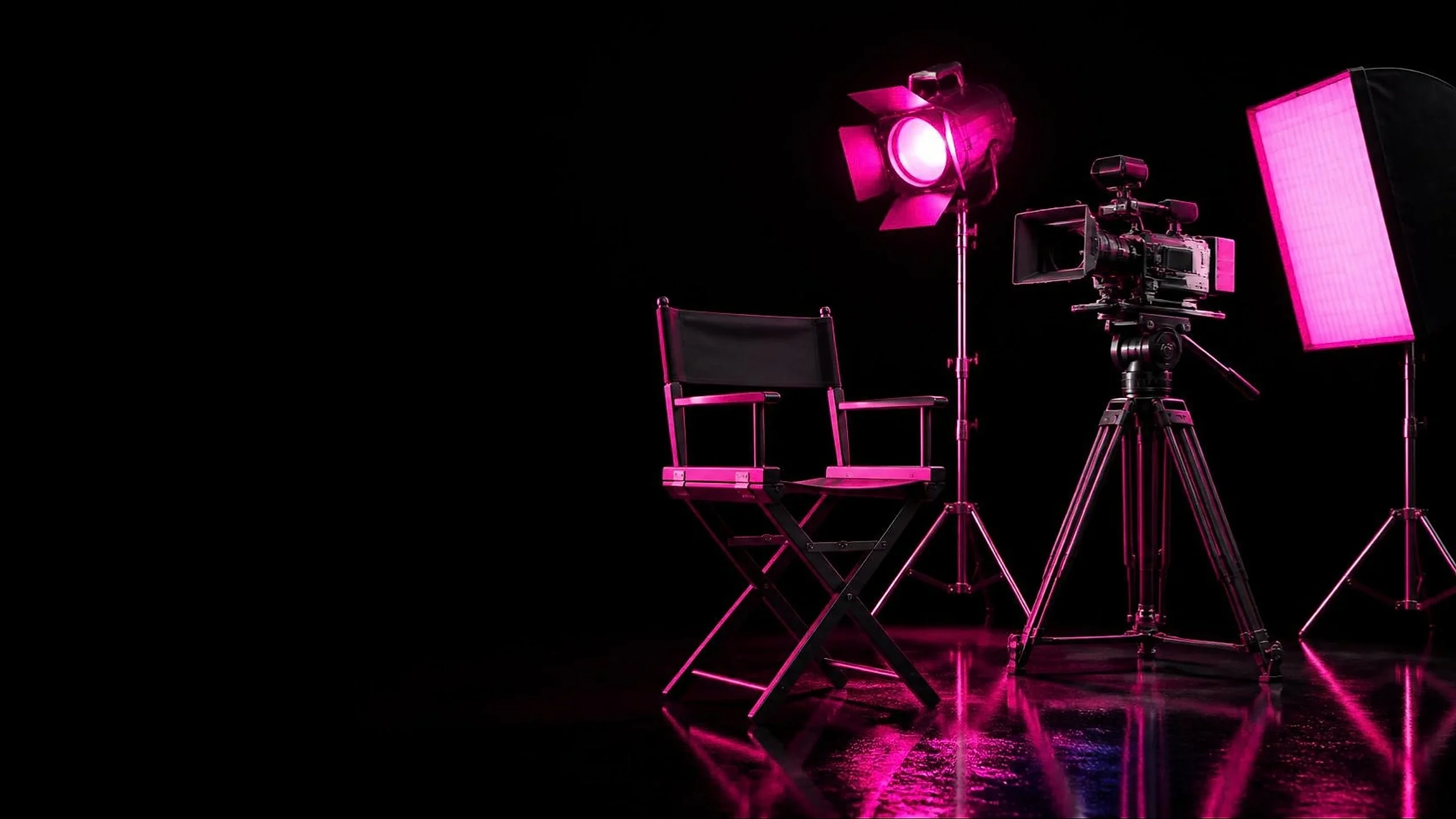 A dark film set with a director’s chair, a camera on a tripod, a pink spotlight and softbox, reflected on a glossy black floor