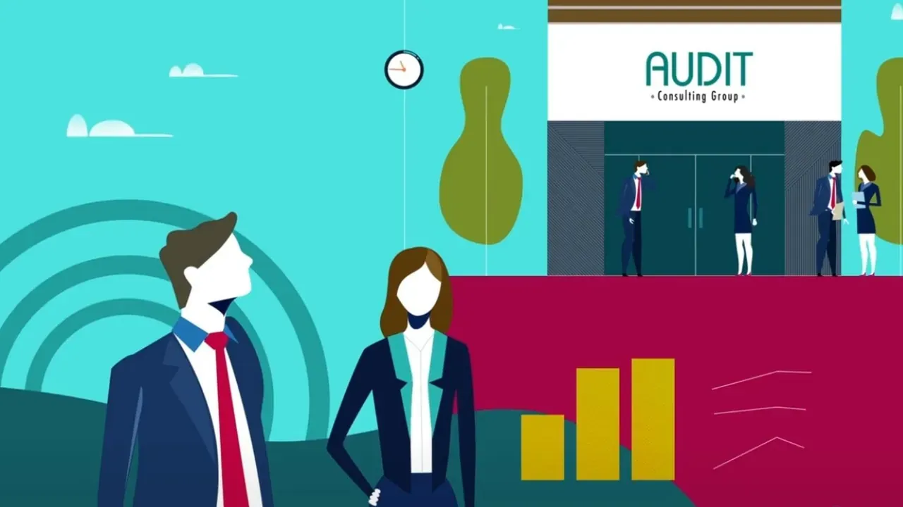 Personnages en costume devant le siège d’Audit Consulting Group
