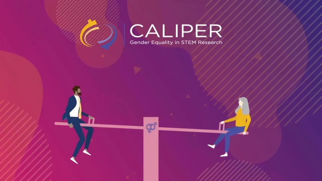 Un homme et une femme en équilibre sur une balançoire, logo Caliper