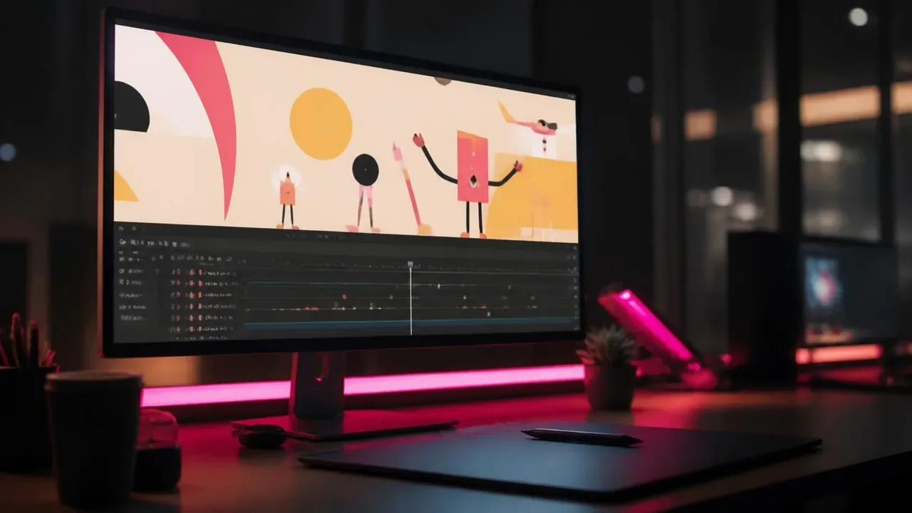 An animation studio screen showing a film being edited, in a dim room lit in pink
