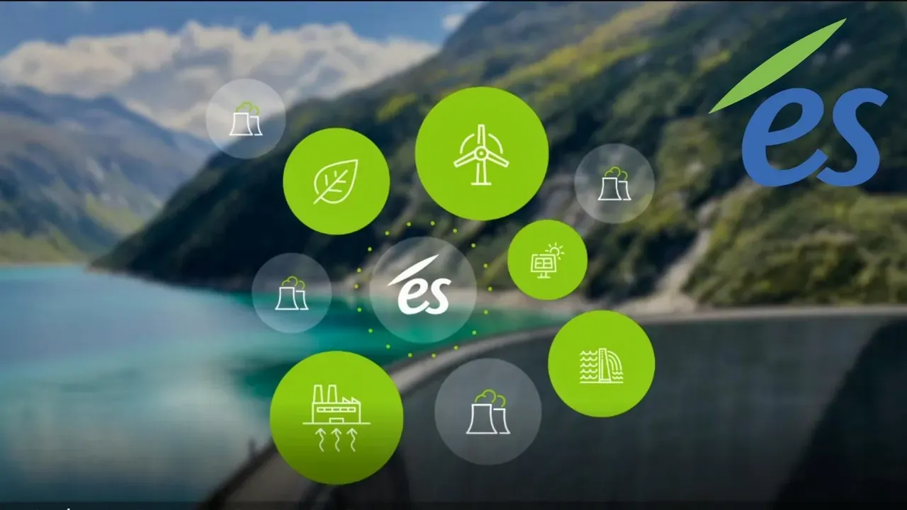 Pictogrammes d’énergies renouvelables en bulles vertes devant un lac de montagne, logo ÉS