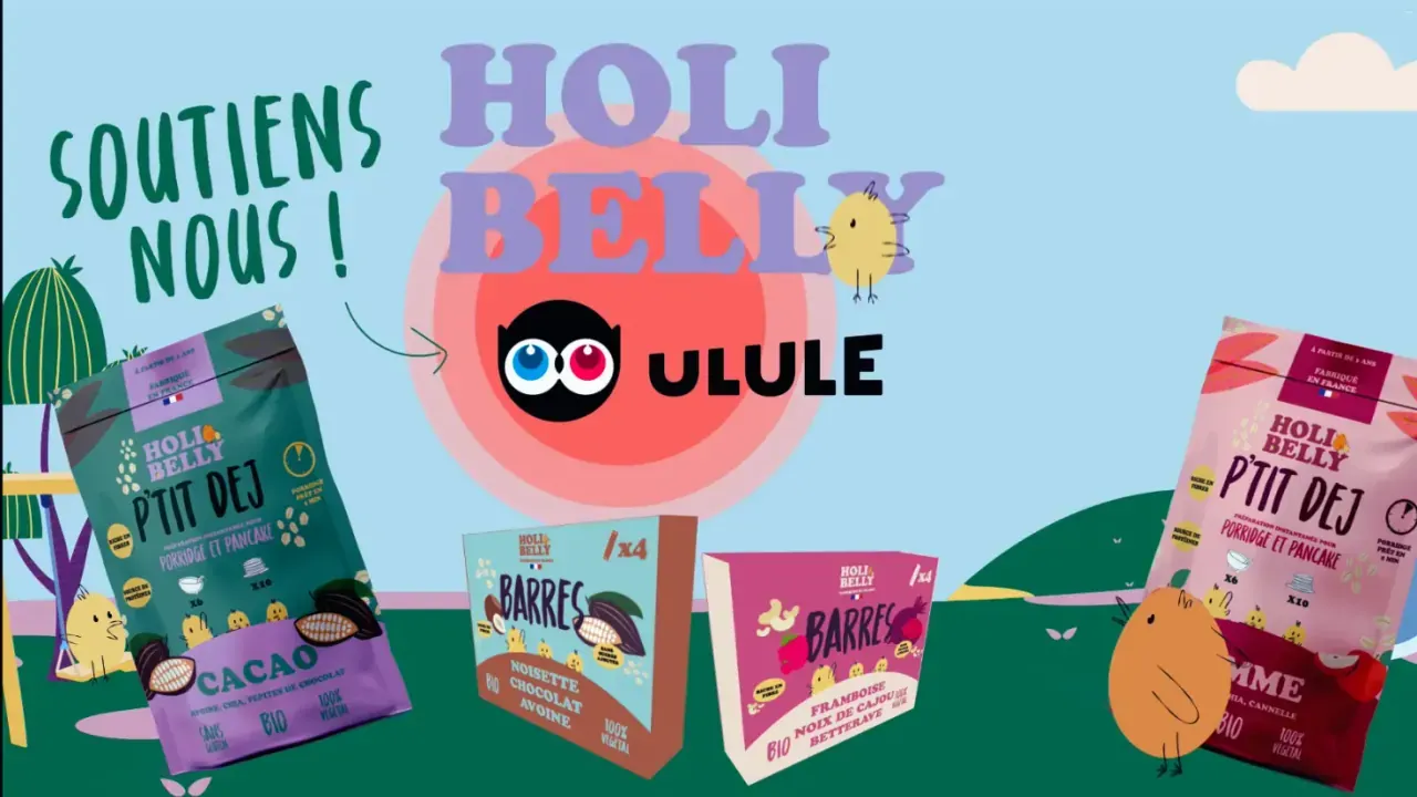 Sachets et barres Holibelly autour du logo Ulule et du message « Soutiens-nous ! »