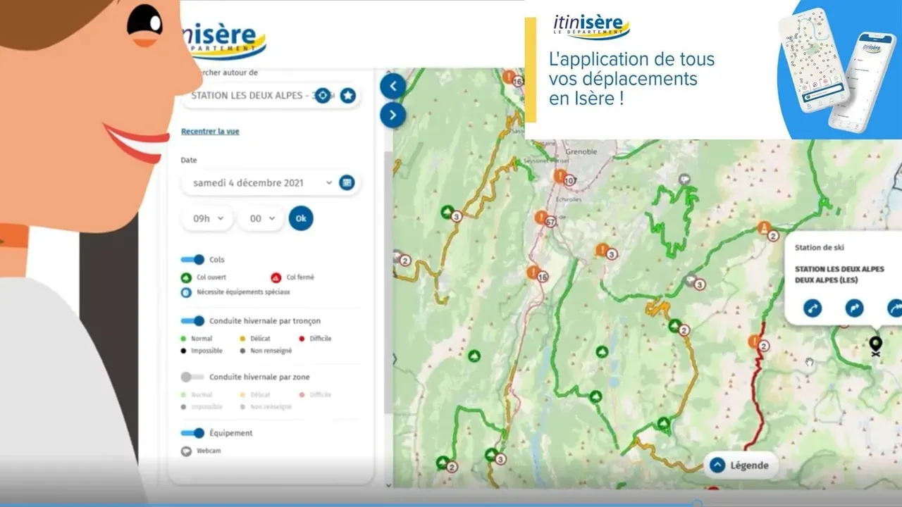 Personnage de profil devant l’écran de l’application Itinisère et sa carte des routes de l’Isère