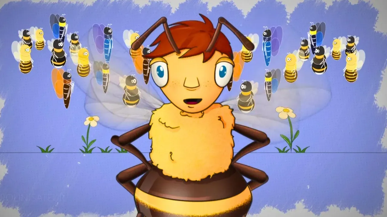 Abeille dessinée, mains sur les hanches, devant un essaim d’abeilles et des fleurs