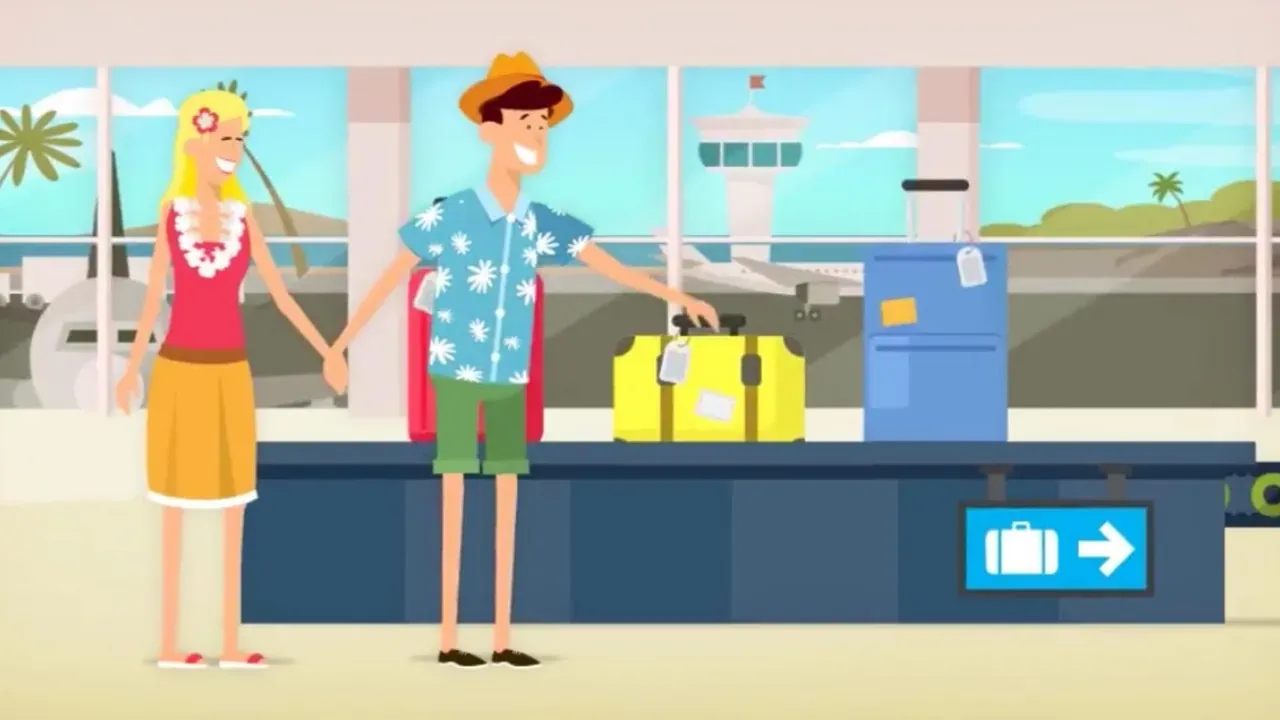 Couple de vacanciers dessinés retrouvant leurs valises sur le tapis à bagages