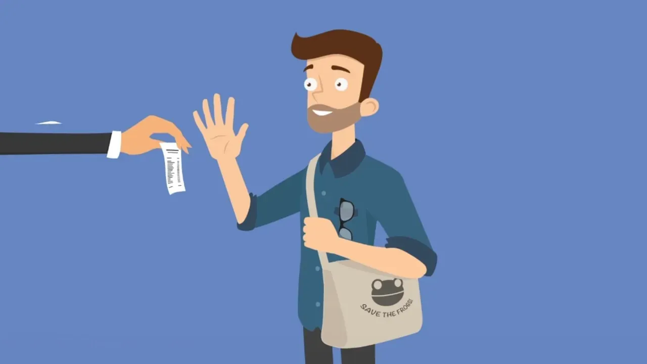 Homme dessiné refusant d’un geste le ticket de caisse papier qu’on lui tend