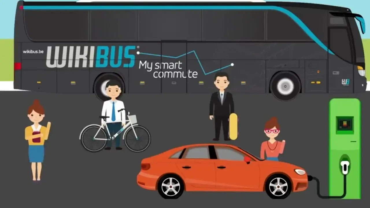 Autocar WikiBus, voiture électrique en charge, vélo et voyageurs illustrés