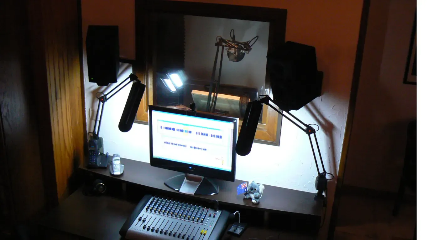 Estelle Hubert’s first home studio: a mixing desk, screen and window into the booth and its microphone