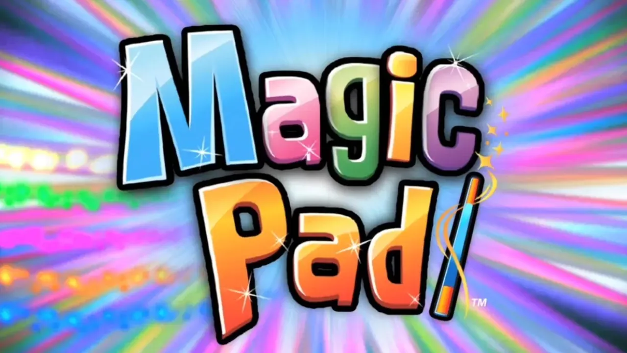 Titre coloré « Magic Pad » sur un fond rayonnant de couleurs vives