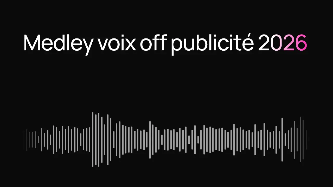 The French title “Medley voix off publicité 2026” on black above the showreel’s audio waveform