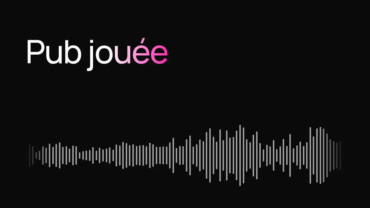 The French title “Pub jouée” on black above the showreel’s audio waveform