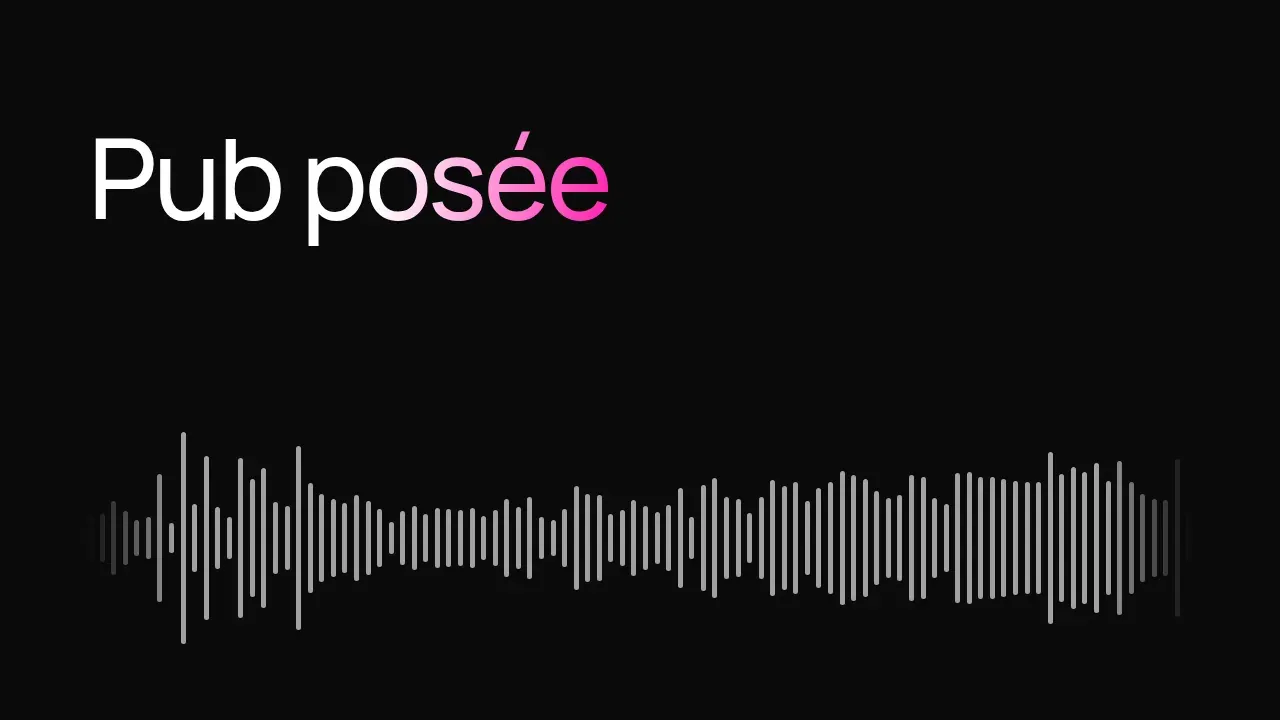 The French title “Pub posée” on black above the showreel’s audio waveform