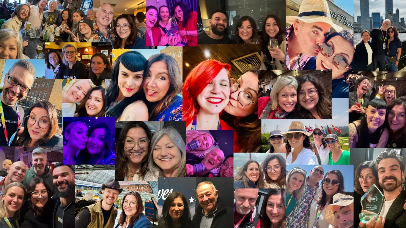 A collage of Estelle Hubert with voice actors from around the world