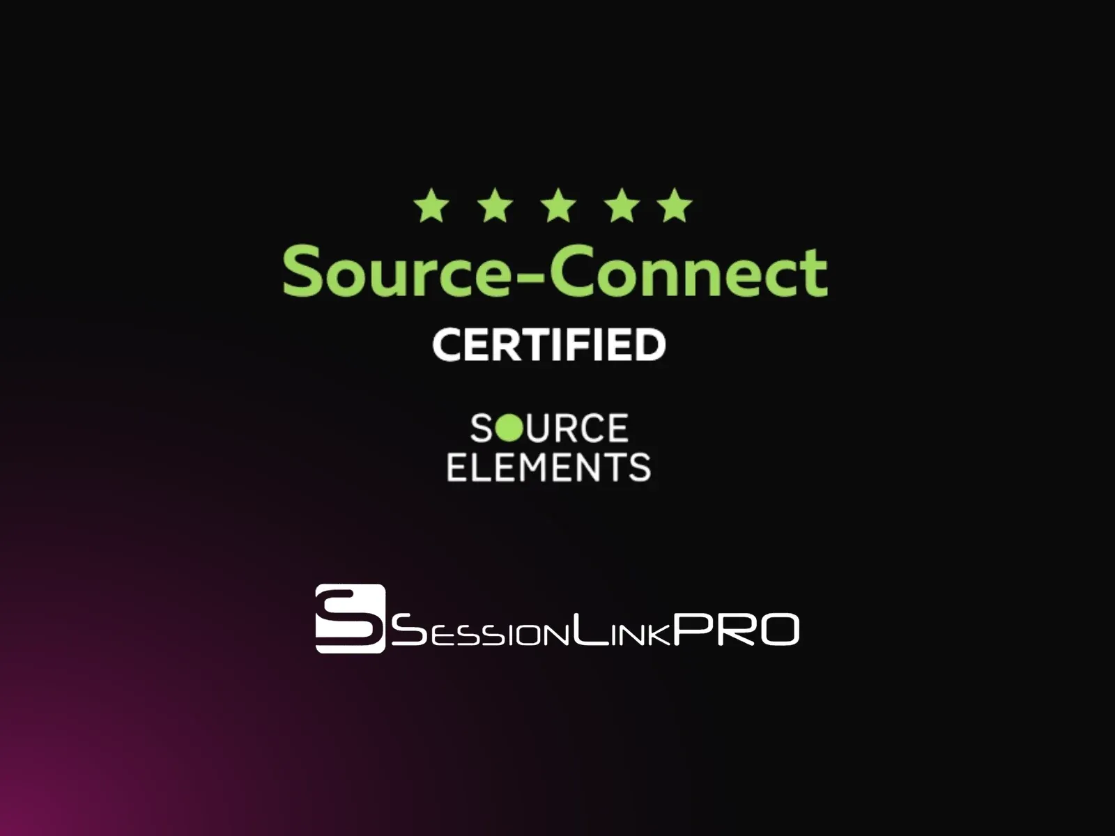 Source-Connect Certified logo from Source Elements and SessionLink Pro logo on a black background