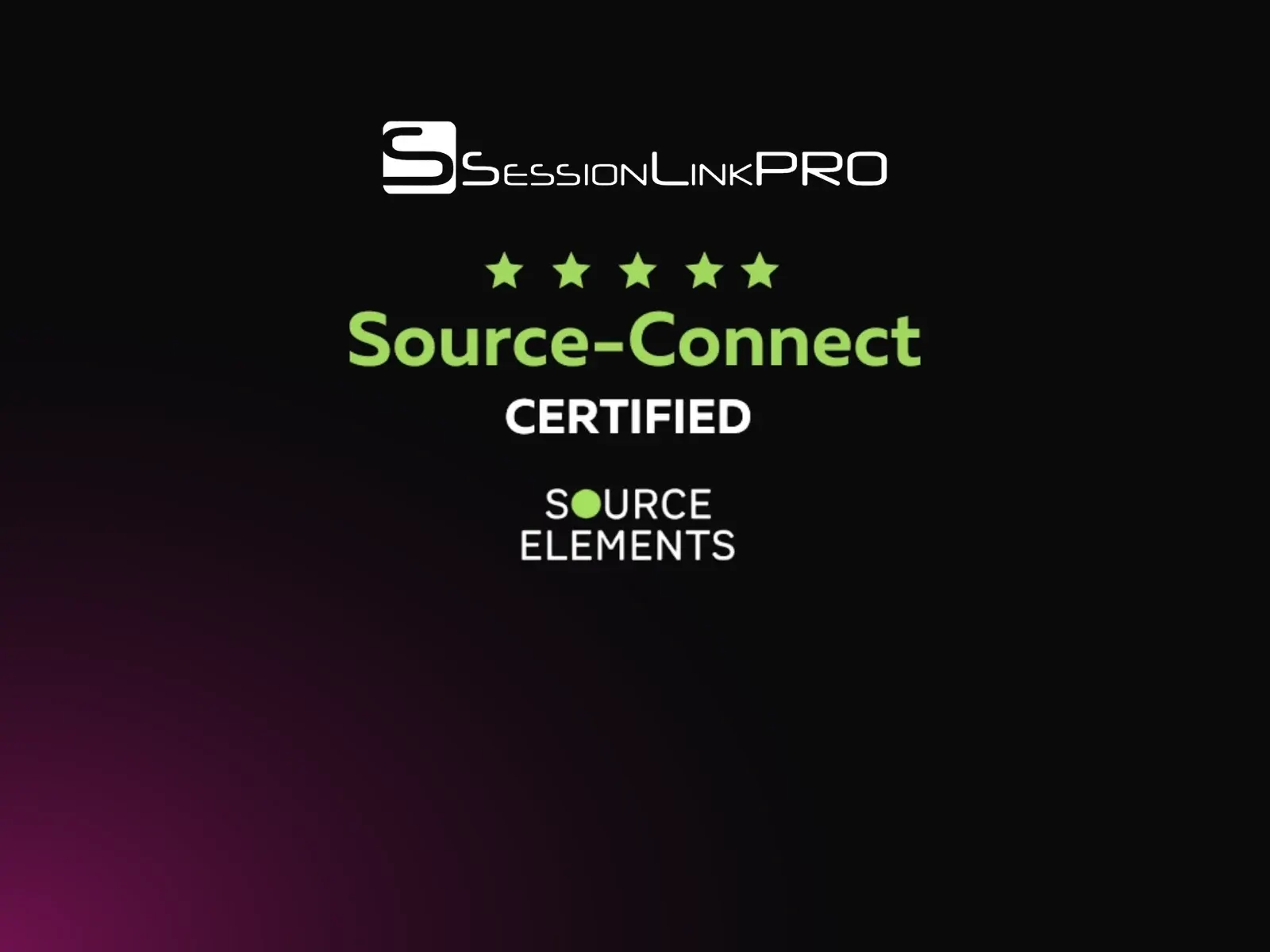 Logos SessionLink Pro et Source-Connect Certified, de Source Elements, sur fond noir