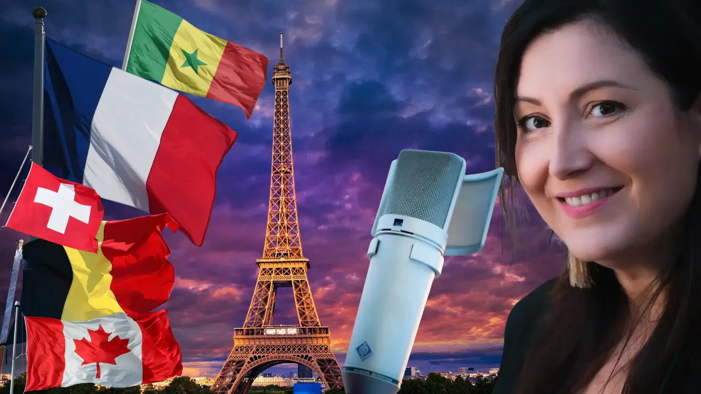 Neutral French voice over, a studio microphone, the Eiffel Tower in Paris and flags representing French-speaking regions: France, Belgium, Switzerland, Canada, Senegal and Africa.