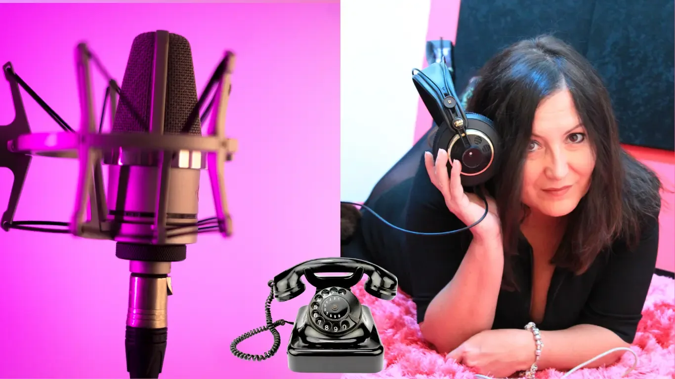 Studio microphone and a female voice actor wearing headphones, illustrating professional telephone greetings, voicemail and on-hold messages.