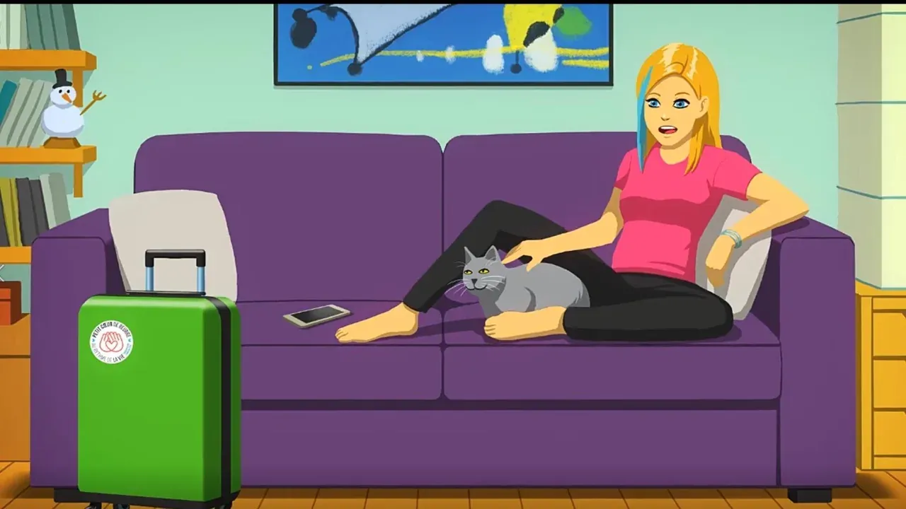 Jeune fille blonde assise sur un canapé violet avec un chat