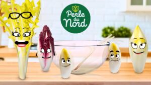 Image de la vidéo animée Perle du Nord, représentant des endives anthropomorphes avec une narration voix off humoristique réalisée par Estelle Hubert.