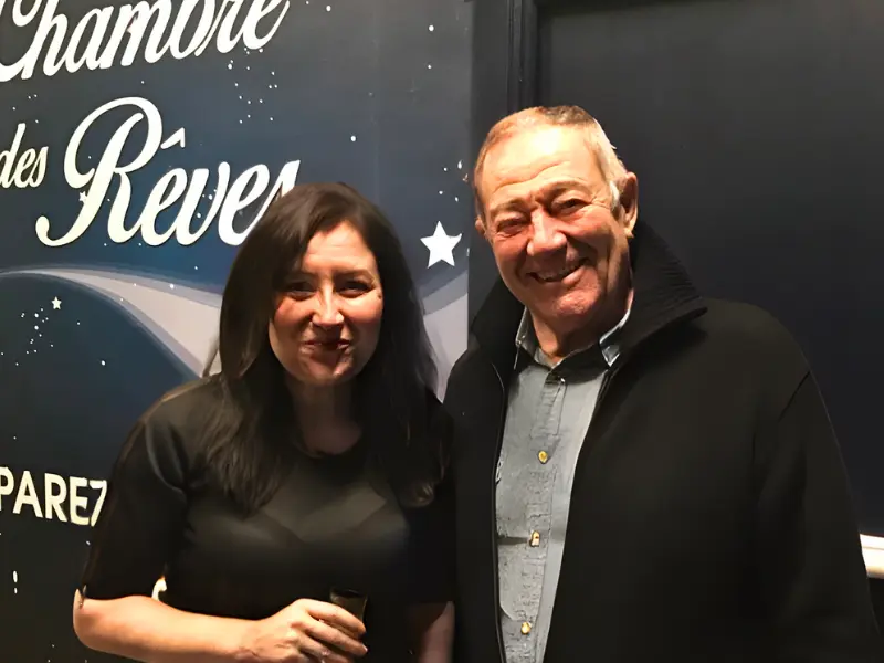 Estelle Hubert and Benoît Allemane posing together at a voice-over event.